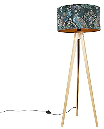 Qazqa - Modern Floor lamp Wood Fabric Shade Peacock 50 cm - Tripod Classic- - Modern - Suitable for LED E27 | 1 Light - Fabric Floor lamp - Suitable for Living Room I Bedroom I
