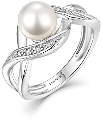 JO WISDOM Damen Ring Silber 925 mit 3A Zirkonia,Perlenring mit 7mm Süßwasserperle,Schmuck für Frauen