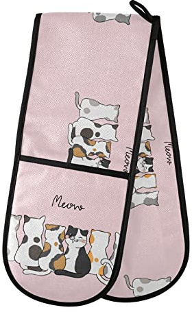 Six Doodle Cartoon Cute Cats Sitting on Pink Double Oven Mitt Gloves Extra Long Potholder High Heat Resistant for Baking Cooking Baking Grilling Handling Hots Pans 35x7
