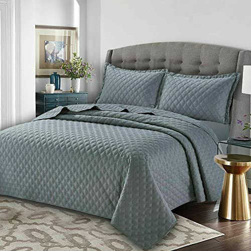 Best Linen Quilted Bedspreads Bed Throw 3 Pcs Embossed Coverlet Bedding Set Includes 1 Comforter & 2 Pillow Cases (Double, Inspiration Grey)