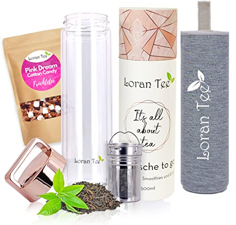 Loran - Teeflasche Teamaker mit Sieb to go 500 ml | Doppelwandig | Isoliert | Glasflasche mit Edelstahl Sieb | Trinkflasche mit Filter | BPA-frei Thermoflasche + Gratis Geschenk Pink Dream