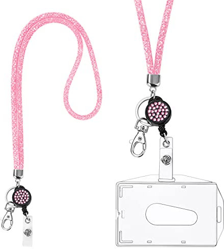 Vicloon Lanyard mit Kartenhalter, Kristall Lanyard Halskette mit Transparent ID Karten Halter, ID Card Holder Abzeichen Kit für Schlüsselanhänger und ID(Rosa)