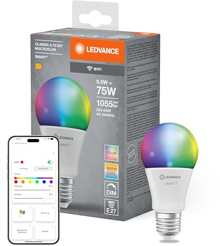LEDVANCE Smarte LED-Lampe mit WiFi Technologie, Sockel E27, Dimmbar, Lichtfarbe änderbar (2700-6500K), RGB Farben änderbar, ersetzt Glühlampen mit 75 W, SMART+ WiFi Classic Multicolour, 1er-Pack