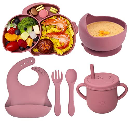 Domueay Baby Geschirrset 6 Stücke Kinderteller mit Saugnapf Schüssel Lätzchen Tasse Löffel Gabel Silikon Babygeschirr Rutschfest Abwaschbar Baby Essen Set BPA Freie,Rosa Kaninchen
