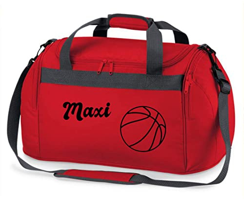Sporttasche mit Namen Bedruckt für Kinder | Personalisierbar mit Motiv Basketball | Reisetasche Duffle Bag für Mädchen und Jungen Sport (rot)