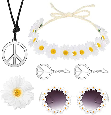 Hippie-Kostüm für Damen, 6-teiliges Hippie-Kostüm-Set, Halskette und Ohrringe, Friedenszeichen, Sonnenbrille, Blumen, Hippie-Stirnband für Retro-Stil der 60er, 70er Jahre