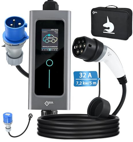 EVIEUN Ev Cavo di Ricarica Tipo 2 7,2kW, 6A-32A Commutabile Monofase Cavo per Ricarica Auto Elettrica con Display Digitale per Adatto a Tutti i Veicoli Elettrici e Ibridi Secondo la Norma IEC 62196-2