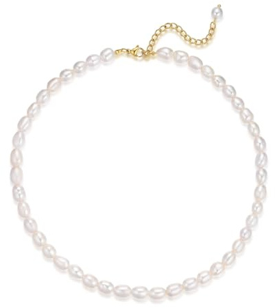 Aleasha 6mm Süßwasserreis Perle Kette Gold Zierlich Weiß Perle Halskette Damen Handgefertigt Schmuck Geschenke 38+7cm