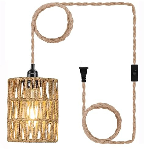 EcoGehen Boho Plug in Pendant Light, Hanging Light with Plug in Cord, Ceiling Lamp Rattan Cylinder Lamp Shade On-Off Switch, Hanging Plant Shelf Shelves Bohemian Decor for Bedroom Living Room Corner
