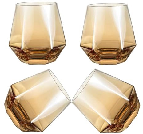 YUHANOER Wine Glasses Set Of 4,Stemless Diamond Shape 10 Oz Amber Christmas Glassware For Red Wine, Cocktail, Whiskey, Bourbon, for Wine Lovers (Amber)