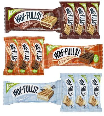 Waffulls Waffle Mix of Choco Hazelnut, Salted Caramel and Vanilla Waffles 12 x 50g, Soft Waffle Sandwich, Breakfast Snack, Ready to Eat Snack Christmas Gifts for Kids