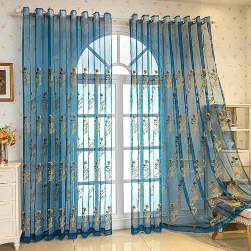 Beydodo Gardinen Küche Halbtransparent, Ösenvorhänge 2er Set 102x244CM Landhausstil Jacquard mit Blumen Filigran Motiv Gardinenschals Polyester Blau Vorhänge Schlafzimmer Wohnzimmer Küche