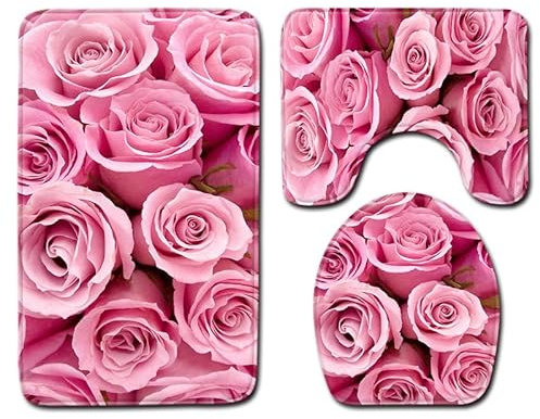 Bad Teppiche Set 3-Teiliges Rosa Elegante Blume WC Vorleger Mit Ausschnitt Badematte Saugfähig WC Deckelbezug Badvorleger rutschfest Waschbar Toilettensitzbezug Badgarnitur (45x75cm)