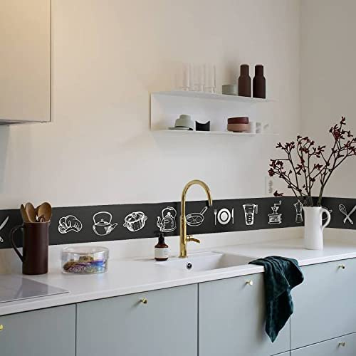 neukids 2 rollos de 10 cm x 200 cm, cenefa autoadhesiva, cenefa con patrón de utensilios de cocina, borde para pared, salón, dormitorio, cocina, baño, techo, decoración, tatuaje de pared negro