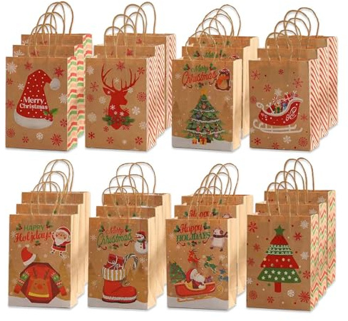 DERJDISF Geschenktüten klein Weihnachtstüten, Geschenkverpackung Weihnachten - Premium Nikolaus Tüten und Weihnachtssack, 24 verschiedenen Weihnachtsmotiven, Größe: 15x8x21 cm