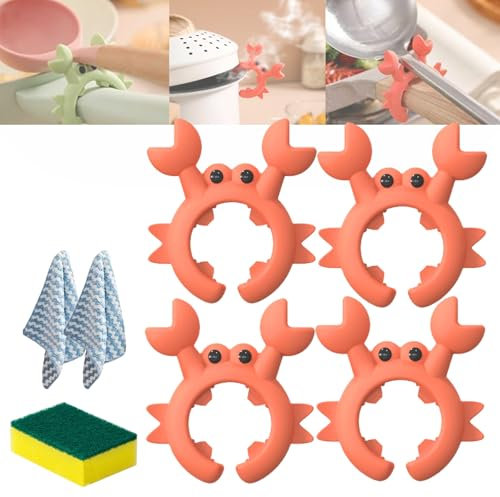 Krabbenspatelhalter, kreativer Spatelhalter in Krabbenform, Krabbenlöffelhalter, Krabbenspatelhalter aus Silikon, universeller Krabbenspatelhalter aus Silikon mit Überlaufschutzclip (4Pcs Orange)