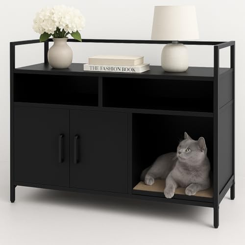 SEDOL Cat Litter Box Enclosure – Wooden Cabinet with Side Compartments, Scratching Board & Double Doors – Multi-Use Pet House for Large Cats, Loo Storage & Odour Control Furniture (Black)
