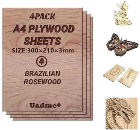 Uadme Compensato Incisione, Compensato di Palissandro Brasiliano A4, 4 Pezzi 3mm Fogli di Legno Sottili, per Bricolage Pirografia Traforo Laser, 297 mm x 215 mm x 3 mm
