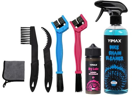 YIMAX Dry Bike Chain Lube Cleaning Kit: 500ML Degreaser Spray & 120ML Dry Lube with Brushes | Complete Drivetrain Maintenance Kit for Road, MTB, Hybrid Bikes