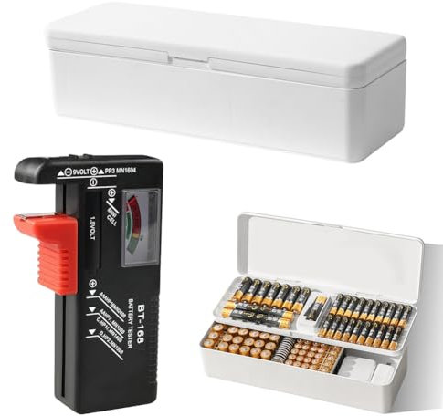 LOMUG Boîte de Rangement pour Piles avec Testeur - Peut Contenir 41 Piles AA, 55 Piles AAA et 19 Piles Bouton - Blanc (Piles Non Incluses)