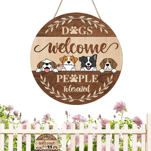 Welcome Dog Sign,Wooden Dog Welcome Door Sign - Funny Welcome Front Door Dog Pet Sign, Dogs Welcome People Tolerated Sign for Dog Lovers Housewarming