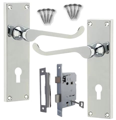 DISCOUNT HARDWARE UK Victorian Door Handles Internal Door Handles with Lock, Silver Door Handles or Chrome Door Handles Set Internal Door Lock with 2 Keys 150x40mm