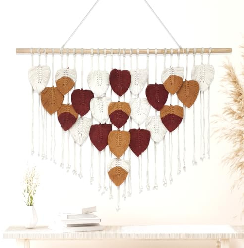 Boho Deko, Handgefertigter Baumwollblatt Wandteppich, Schickes Böhmen Style Wanddeko, Hängend Makramee wandbehang für Balkon, Wohnzimmer, Kinderzimmer, Flur, Schlafzimmer (Braun-Weinrot)