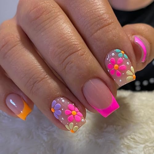 24 Pezzi French Press on Nails, Corte Quadrate Colorate Unghie Finte Adesive, Acrilico Unghie Artificiali con Fiori Design, Copertura Completa Nail Art Decorazioni per Donna Ragazze