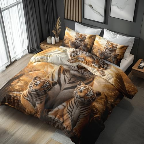 NOGAWA Bettwäsche Tiger 135x200 - Bettbezug Wildtiere, Bettwäsche-Sets 2 teilig, Weich & Atmungsaktiv Mikrofaser Wendebettwäsche und 1 Kissenbezug 80x80 mit Reißverschluss