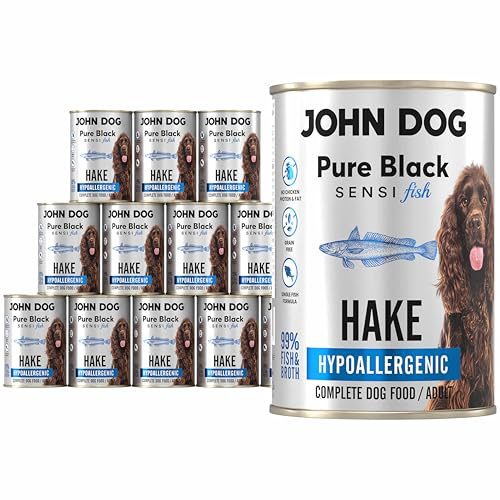 John Dog Hundenassfutter Seelachs - monoprotein Hundefutter - getreidefreies und hypoallergenes Nassfutter für empfindliche Hunde - Pur Black Sensi Fish - 12 x 400g