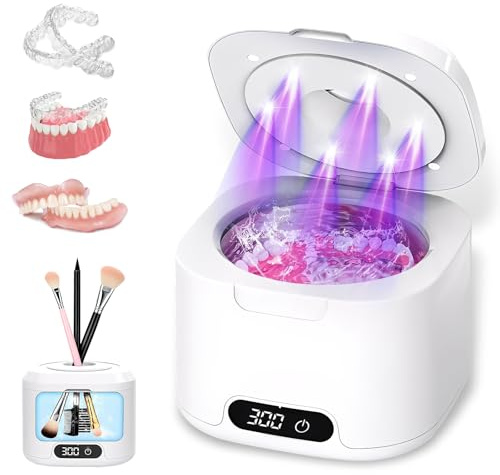 Ultraschallreinigungsgerät, 49000Hz Ultraschallreiniger, 340ML mit 6 UV-Licht & 4 Modes, Ultrasonic Cleaner für Zahnersatz, Retainer, Aligner, Prothesen, Zahnbürstenkopf, Schmuck