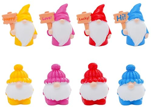 Satiskid 8 PCS Christmas Gnome Figurines, Miniature Gnome Ornaments, Mini Resin Gnomes Figures, Micro Landscape Ornaments for Fairy Garden Doll House Christmas Easter Party Desktop Decoration