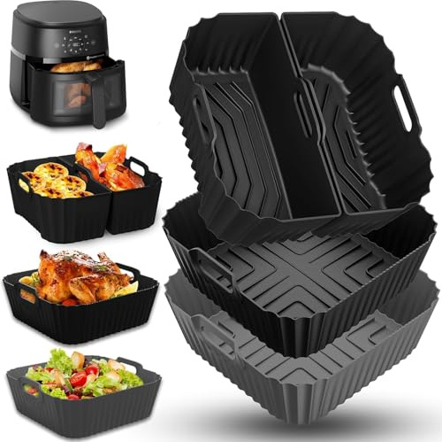 4Pcs Moule Silicone Air Fryer 4,5L-8L, Accessoire Air Fryer pour Moulinex, Russell Hobbs, Ninja, COSORI, Philips, Réutilisable Doublures Silicone pour Friteuse Air, Micro-ondes, Four