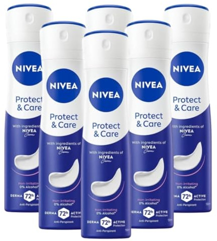 Nivea Protect & Care Deo-Spray Antitranspirant 72h ohne Alkohol - nicht reizend, sanfte Pflege mit Duft von Nivea Creme, Herren Damen, 150 ml (6)