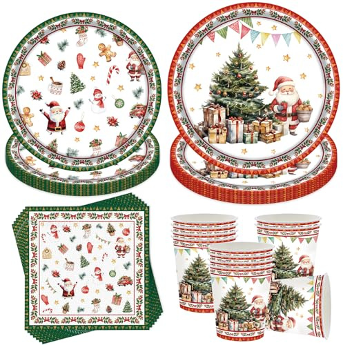 50 Stück Weihnachten Partygeschirr Set,Weihnachten Pappteller Set,Weihnachtsparty Geschirrset,Partygeschirr Geburtstag,Papierteller Weihnachtsfeier Tischdekoration, Geschirrdekoration
