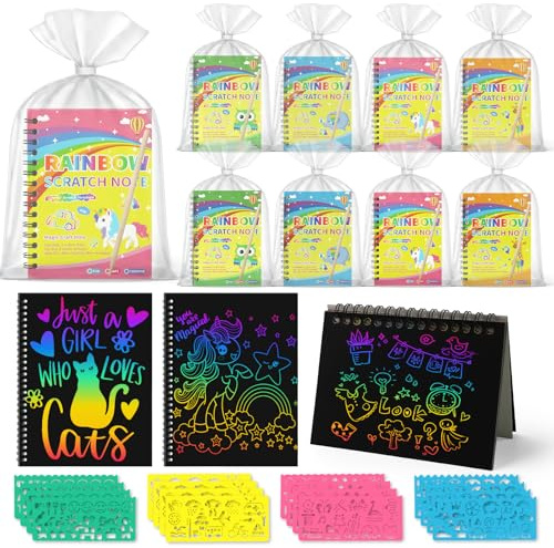 16 Pack Scratch Art, Rainbow Scratch Paper, Scratch Art Party Bag Fillers | Scrape it Off Paper Crafts Notes, Arts and Crafts Kits for Doodles, DIY Paintings