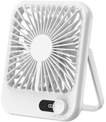 iNeibo USB Desk Fan, 2000mAh Rechargeable Ultra Quiet 1-100 Speeds Portable Cooling Fans with LED Display，180° Adjustment Small Table Fan for Home,Office,Bedroom Table and Desktop (White)