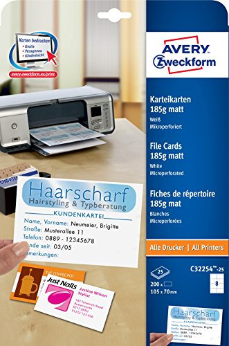 AVERY Zweckform C32254-25 Karteikarten ( blanko, beidseitig bedruckbar, matt weiß, extra feine Mikroperforation, 25 Blatt) zum Selbstbedrucken auf allen Druckern