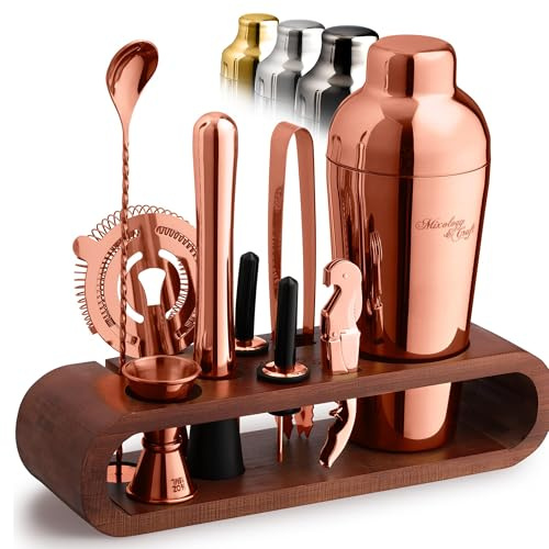 Mixology - Juego de coctelera de 10 piezas, kit de camarero casero en soporte de caoba con cuchara, coctelera Boston, otras herramientas para mezclar bebidas, Martini, cóctel sin alcohol, juego de