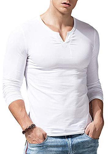 Herr Slim Fit Långärmad Henley T-shirt Vardaglig V-ringad Undertröjor Bomull, T2308 Vit, S