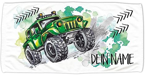 GRAZDesign Kinder Handtuch mit Namen Badetuch für Jungen Teenager von 2-14 Jahren Strand / 140x70cm Monstertruck in grün