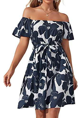 JECEIKA Women Off Shoulder Dress Ruffle Bell Sleeve Summer Wedding Guest Dress 2025 Flattering Hide Tummy Graduation Dress, Navy Blue Floral, Large JC236-1-L
