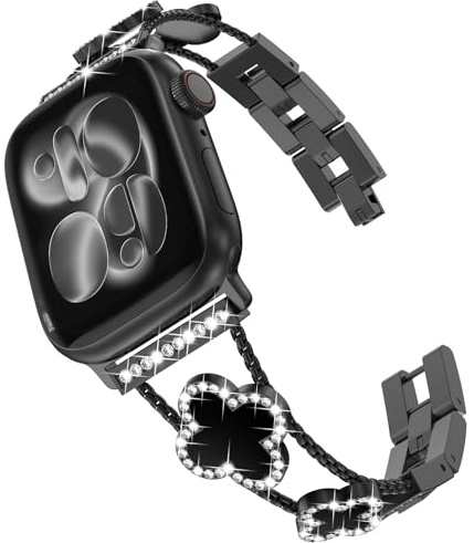 KADES Damen Ersatzarmband kompatibel mit Apple Watch Armband 42mm(Series 10 11) 41mm 40mm 38mm, Glücks Vierblatt Diamant Edelstahl Gliederarmband für iWatch SE Series 11 10 9 8 7 6 5 4 3 2 1,Schwarz