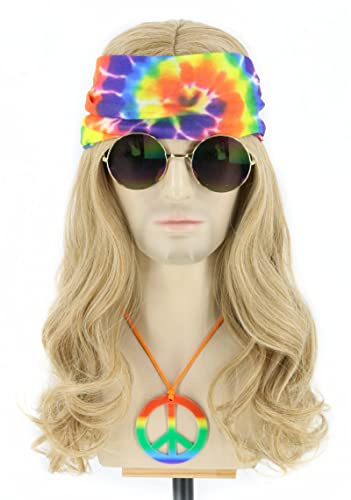 Topcosplay 4er Set Hippie Kostüm Vokuhila Perücke Bandanas Sonnenbrille Frieden Zeichen Halskette 70er 80er Jahre Disco Perücke Lang Lockig Disco für Karneval Halloween (Blond)