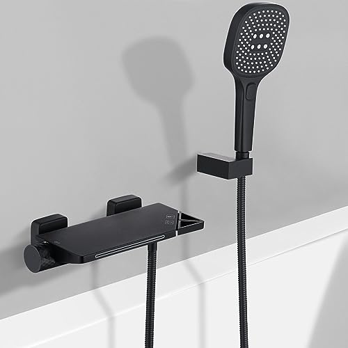 PHASAT Badewannenarmatur Wasserfall mit Brause Wasserhahn Badewanne Wandmontage Badarmatur Mischbatterie Messing Schwarz PTBB10E