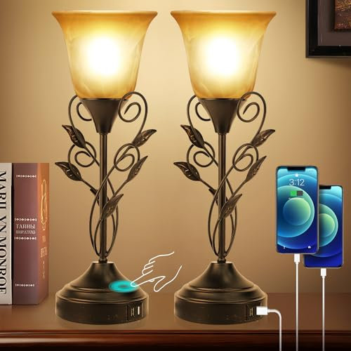 Basdien Touch Control Table Lamp with USB Port, 3-Way Dimmable Bedside Nightstand Lamp, Amber Glass Shade Vintage Rural Leaf Torchiere Flower Lamp for Bedroom, Living Room (Set of 2, Bulbs Free)