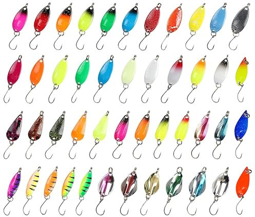 Fishing Forellen Spoon Set 46 Stück,Trout Spoon Forellenblinker Einzelhaken Set,Forellenköder, Spinner Angelköder,Angelzubehör Spinner Blinker Set zum Forellen Angeln Spoons Forelle Barsch Lachs Hecht