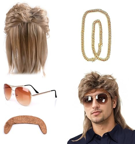 Vokuhila Perücke,Vokuhila Perücke Herren,80er Mullet Perücke Herren Lang,Blond Perücken Sonnenbrille Halskette Bart,Perücke Vokuhila,für Karneval,Halloween,Fasching,Mottoparty.
