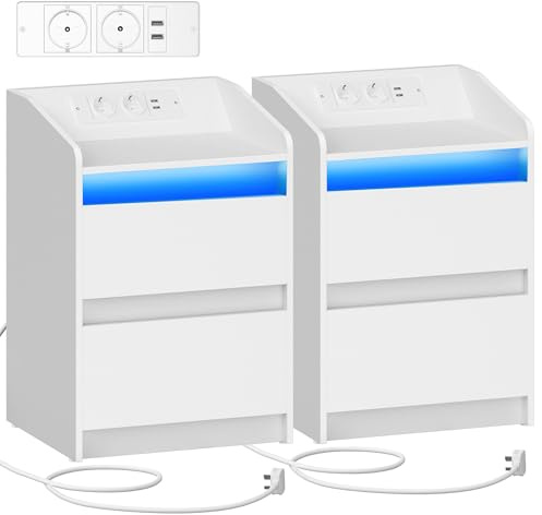 Hzuaneri Mesitas de Noche Juego de 2 con Luces LED, Estación de Carga y 2 Cajones, Mesa Auxiliar con Puertos USB y Enchufes de Energía, Ideal para Sala de Estar y Dormitorio, Blanco NS30103X