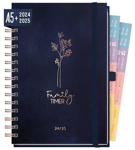 Häfft® Family-Timer Deluxe 2024/2025 A5 Cute Flower Familienkalender 4 Spalten, Spiral-Buchkalender Familienplaner für 18 Monate: Juli 24 bis Dez 25 - nachhaltig & klimafreundlich
